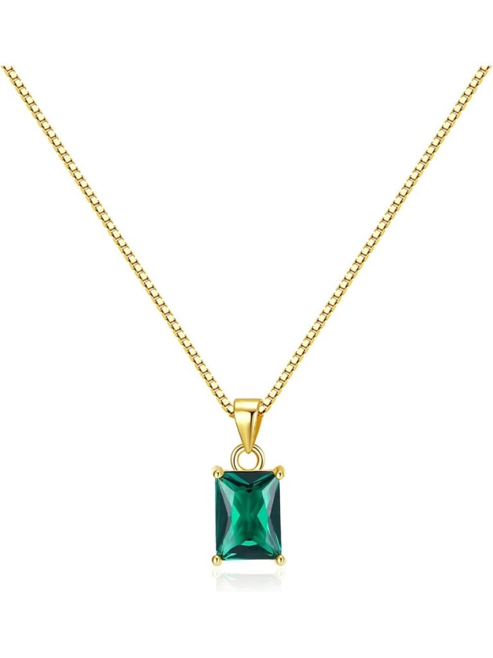 Dainty Emerald Baguette CZ Pendant Necklace | 14K Gold Plated Silver 18" Chain
